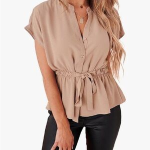Women's Tan Button-Up Peplum Top
